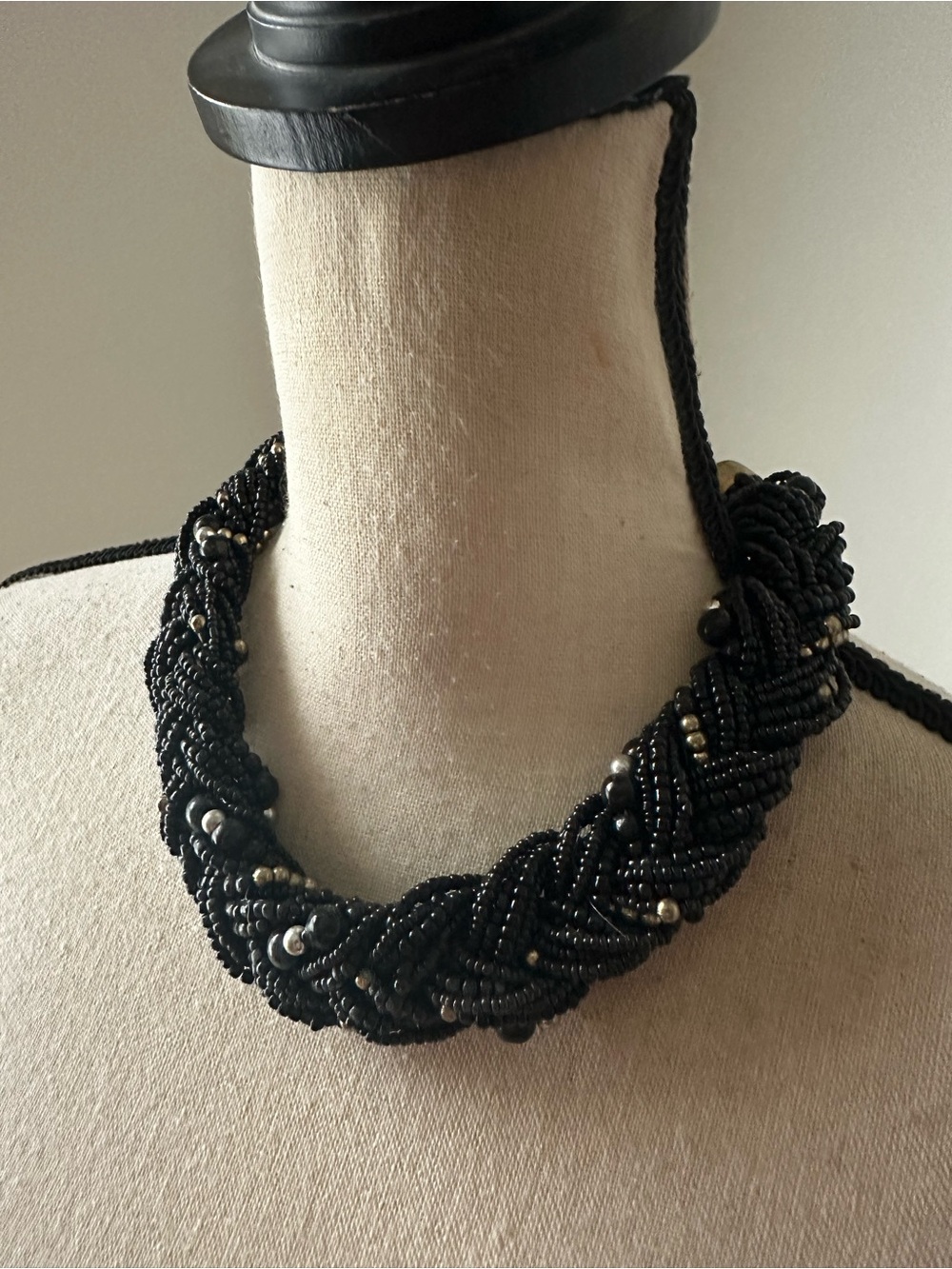 Braided Black Seed Bead Necklace with Metallic Accents